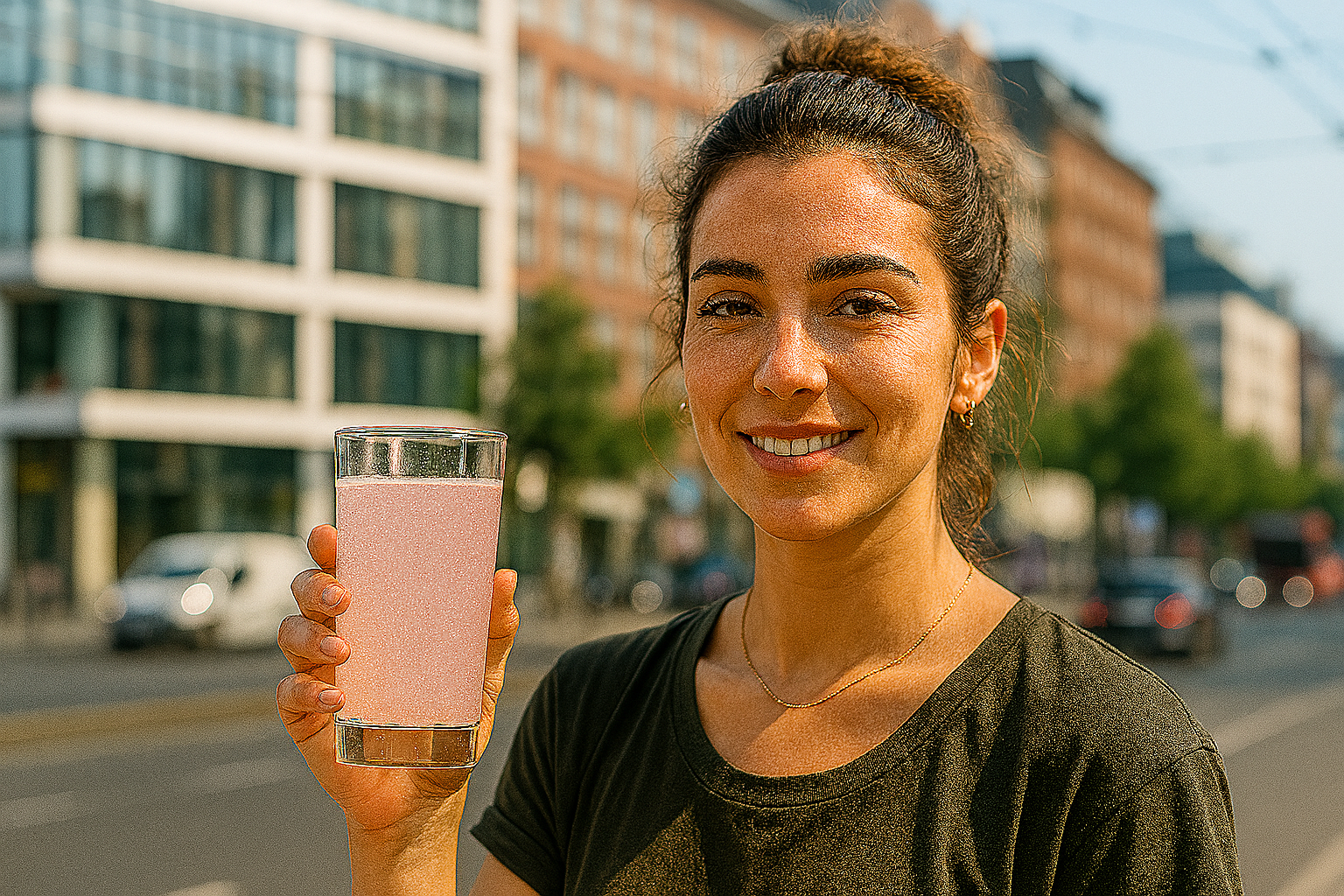 Junge Frau mit Sommeroutfit und Collagen-Drink in der Hand vor urbaner Berlin-Kulisse. Natürliches Licht, sommerlicher Glow, zart roséfarbenes Getränk