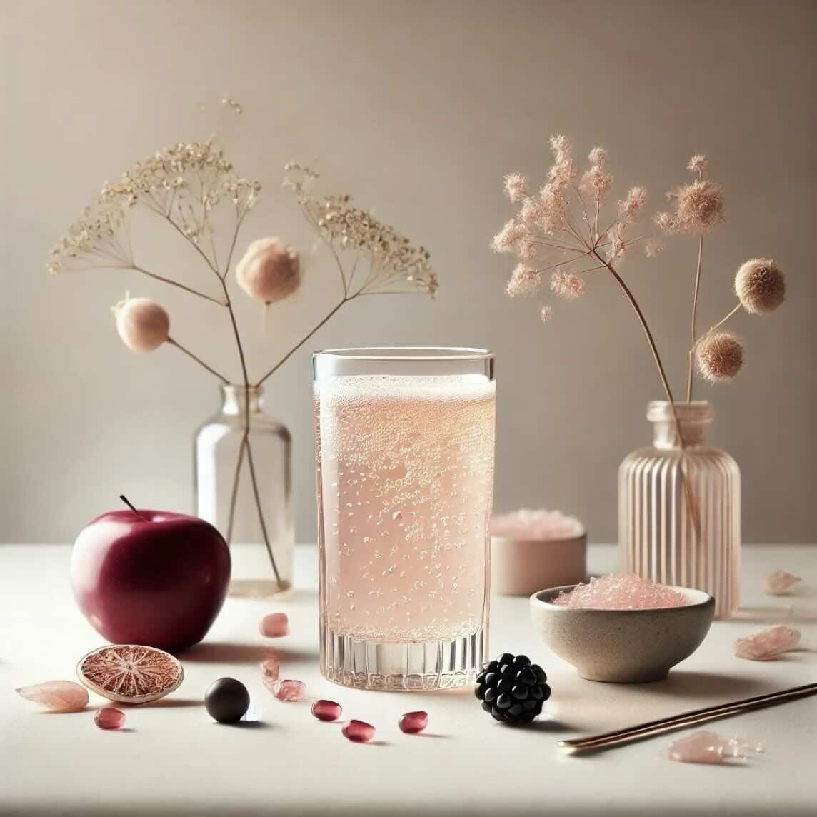 Ästhetisch arrangiertes Stillleben mit einem Glas rosa Collagen-Drink, umgeben von getrockneten Blüten, einem roten Apfel, Beeren, Kristallen und zarten Accessoires in soften Beige- und Rosétönen – Symbolbild für Schönheit von innen.