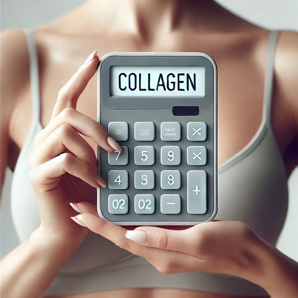 Nahaufnahme einer Frau, die einen Taschenrechner hält, auf dem das Wort ‚Collagen‘ angezeigt wird. Der Kopf der Frau ist nicht sichtbar, und der Fokus liegt auf der Berechnung des Collagenwerts.