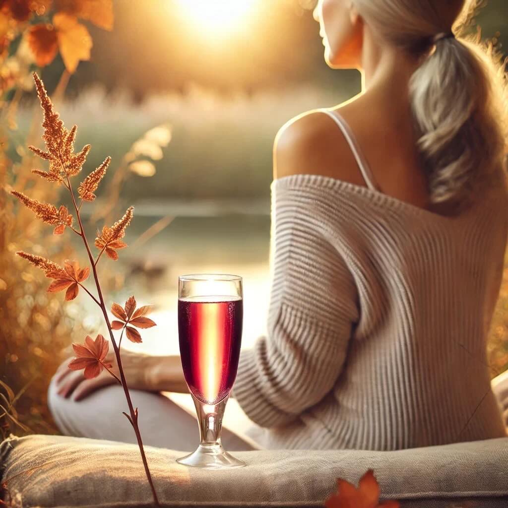 Frau in den Vierzigern sitzt von hinten gesehen in einer herbstlichen Umgebung, hält ein milchglasartiges Trinkglas mit einem zarten, transparenten Wildberry-Drink, symbolisch für Beautyhacker Collagen.