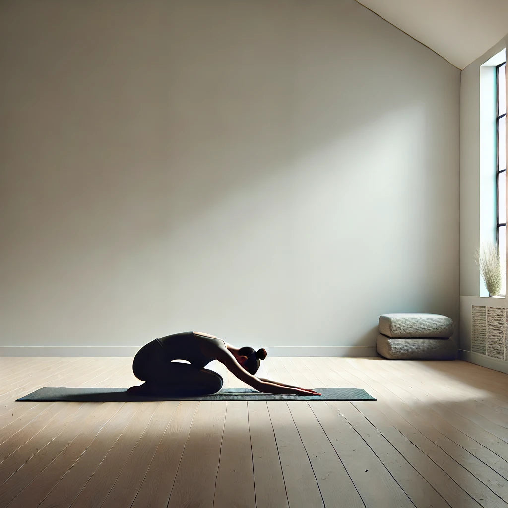 "Eine Yoga-Praktizierende in der Kinderhaltung (Balasana) auf einer Yogamatte in einem minimalistischen Studio mit weißen Wänden und Holzboden. Die Pose strahlt Ruhe und Entspannung aus – ideal für Stressabbau und ein achtsames Start-Ritual."