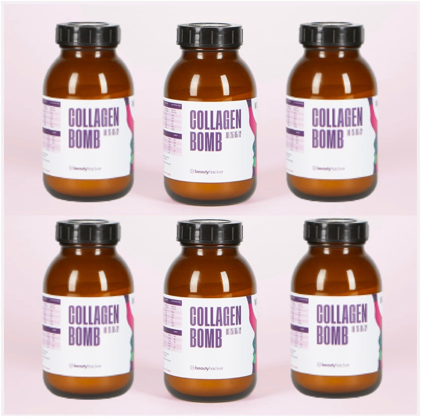 Beautyhacker Collagen Drink im 6er Set, mit 5g Kollagen, Vitamin C, Biotin, Zink, Kupfer und Selen für strahlende Haut, starke Nägel und kräftiges Haar.